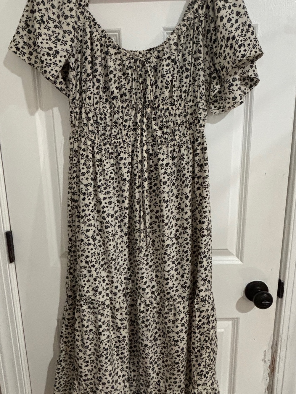 Women’s Cream and Black Floral Smocked Dress